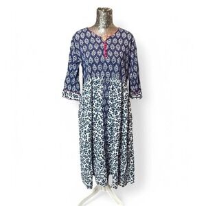 Boho Artsy Tunic Dress Lagenlook Floral Print Blue V Neck 3/4 Sleeve Maxi XL